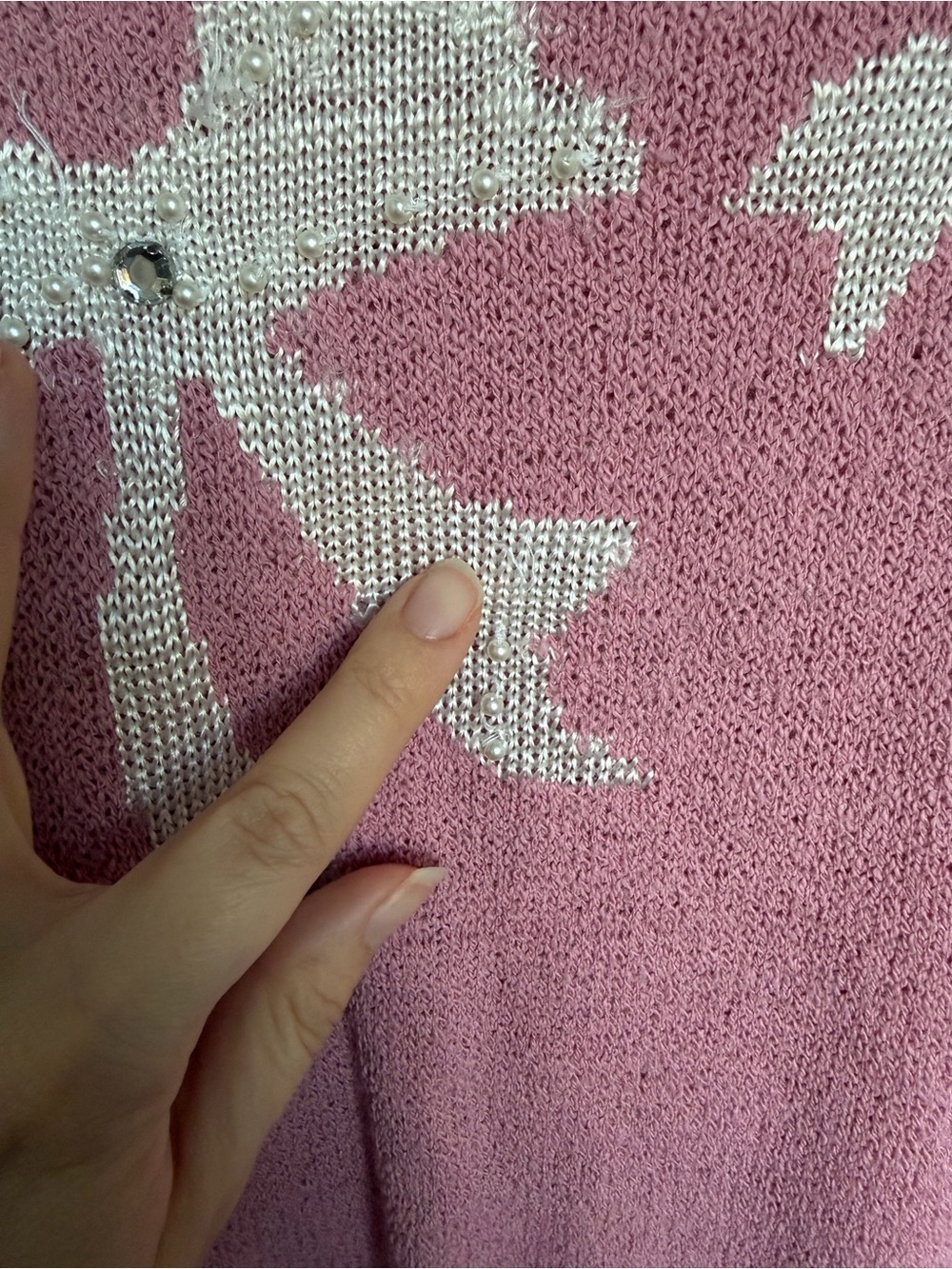 TanJay Vintage Pink Bow Knit Sweater Coquette Pearl Cottagecore Sz L AS IS - Picture 12 of 13